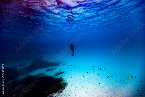 Diving free underwater sport action art posidonia plant seascape mediterranean Minorca