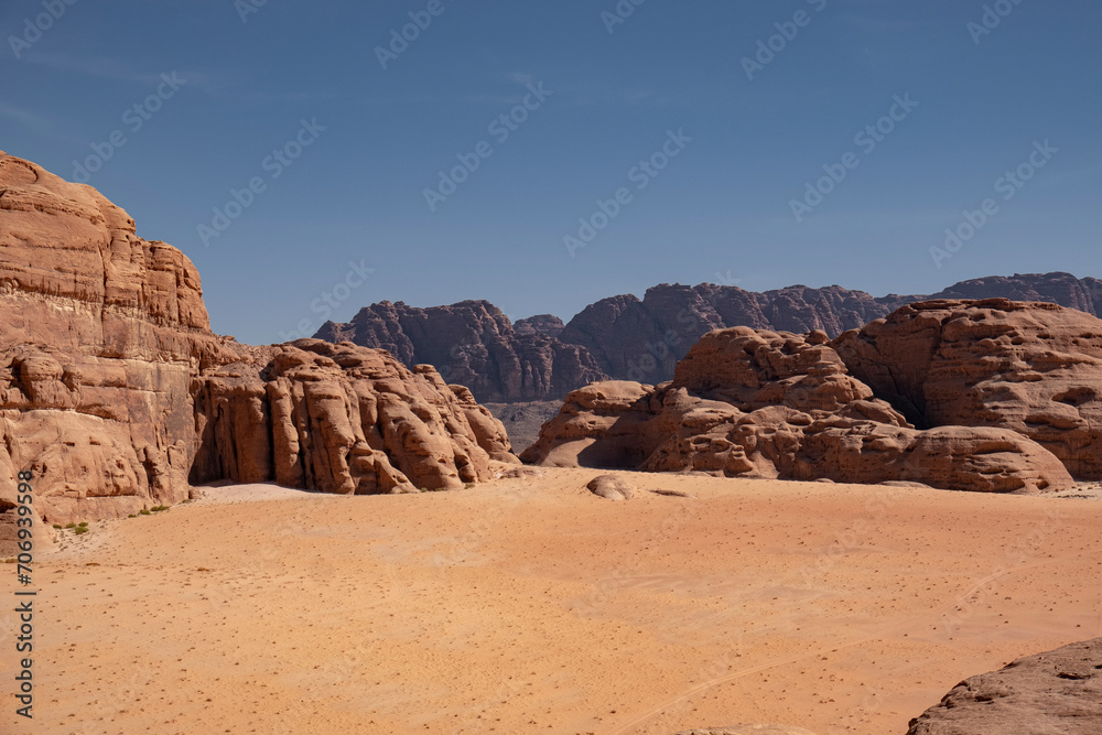 Wadi Rum desert in Jordan with his red colored mountains