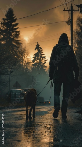 Wailking with dog. Animal background . Vertical background photo