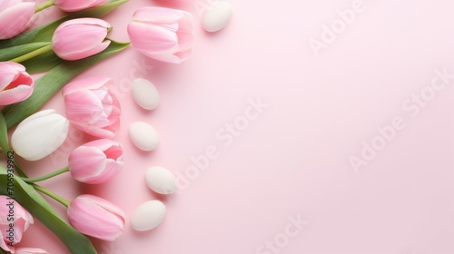 Flat lay top view of tulips and eggs on a pastel pink background with a copy space. Spring mock up, overhead, template, Easter, flowers concepts. #706939962