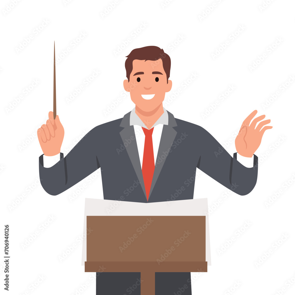 Person who directs the performance of orchestra or choir. Bandleader. Flat vector illustration isolated on white background Person who directs the performance of orchestra or choir. Bandleader. Flat vector illustration isolated on white background