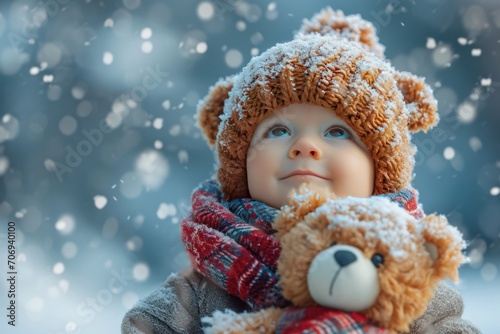 A cheerful child in a wonderful winter snowfall. Generative Ai. © Retu