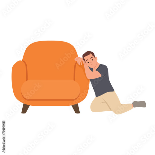 Young man in business clothes tired, jobless worried problem economic. Flat vector illustration isolated on white background