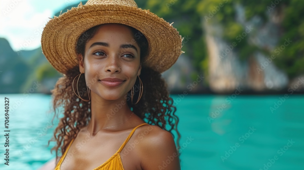 Female tourist wearing a straw hat travels on a boat in the sea outside a beautiful island resort