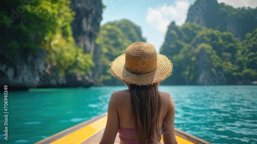 A woman wearing a straw hat on a boat in the sea near a southern Thai island resort