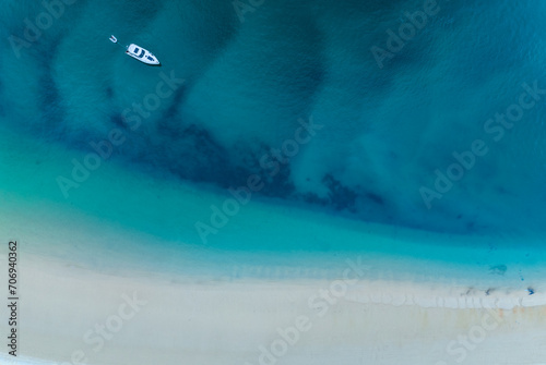 aerial view of the boat at the beach of Moreton island