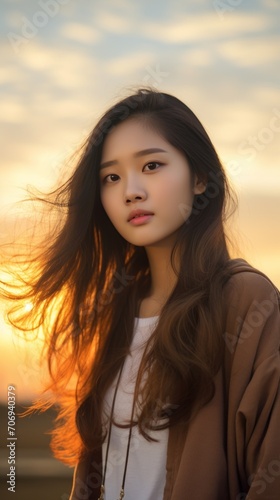 An evening portrait of a teenage girl in casual clothes posed for photos before sunset in gentle evening sunlight. © เลิศลักษณ์ ทิพชัย