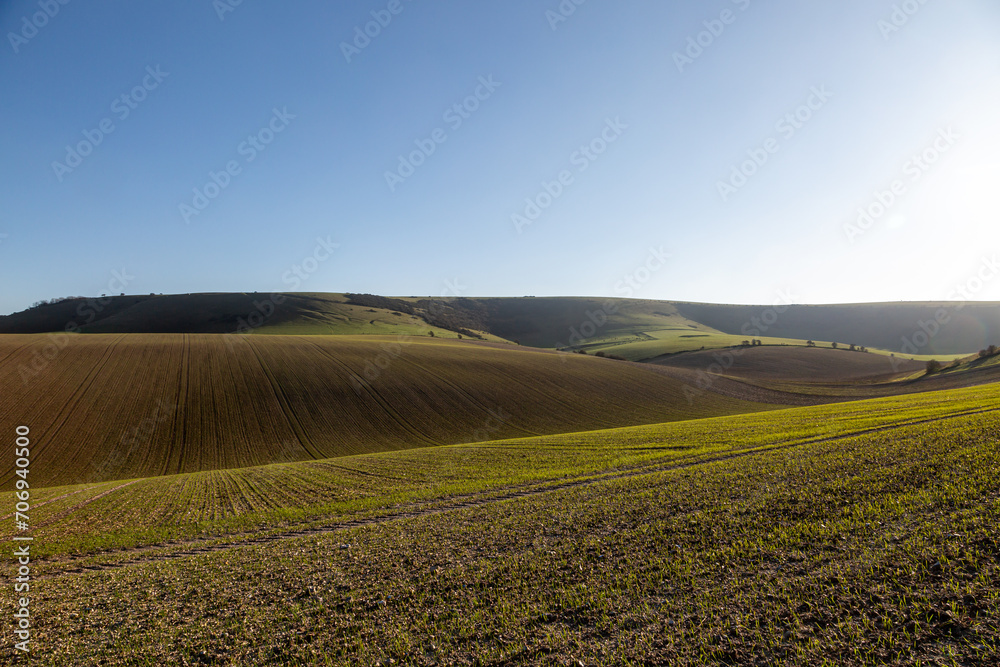 Looking out over fields towards Kingston Ridge in the South Downs, with a blue sky overhead