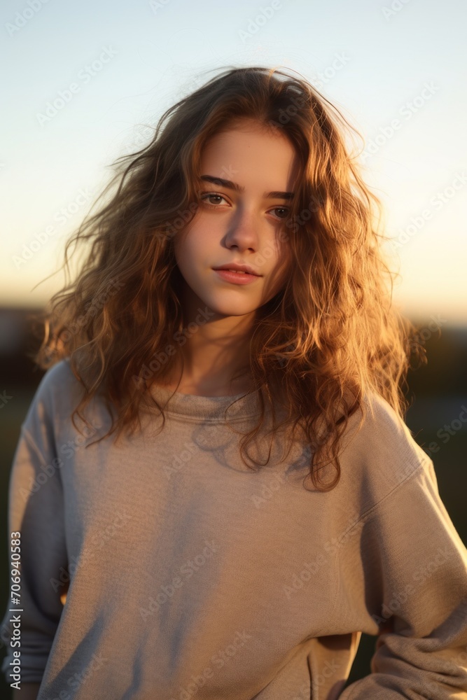 An evening portrait of a teenage girl in casual clothes posed for photos before sunset in gentle evening sunlight.