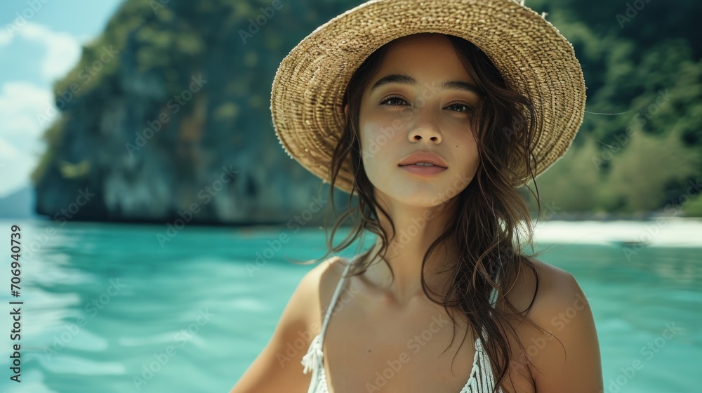 Female tourist wearing a straw hat travels on a boat in the sea outside a beautiful island resort