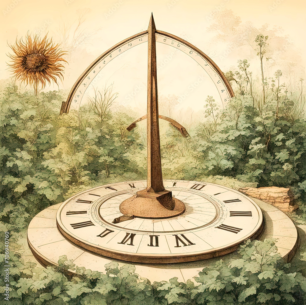 Sundial In An Abandoned Garden in the style of vintage illustration.