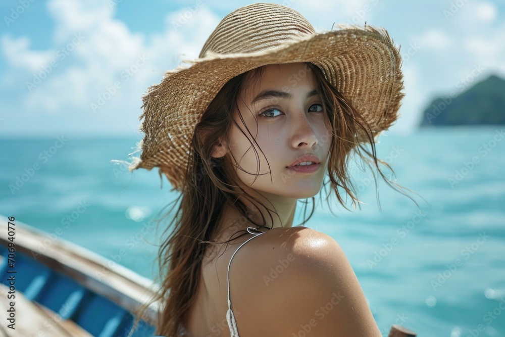 A woman wearing a straw hat travels on a boat outside a beautiful island resort.