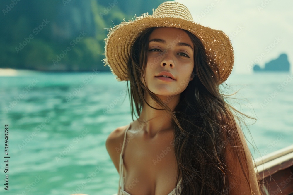 A woman wearing a straw hat travels on a boat outside a beautiful island resort.