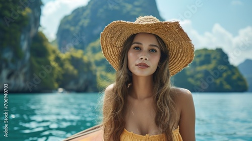 A woman wearing a straw hat travels on a boat outside a beautiful island resort. © เลิศลักษณ์ ทิพชัย