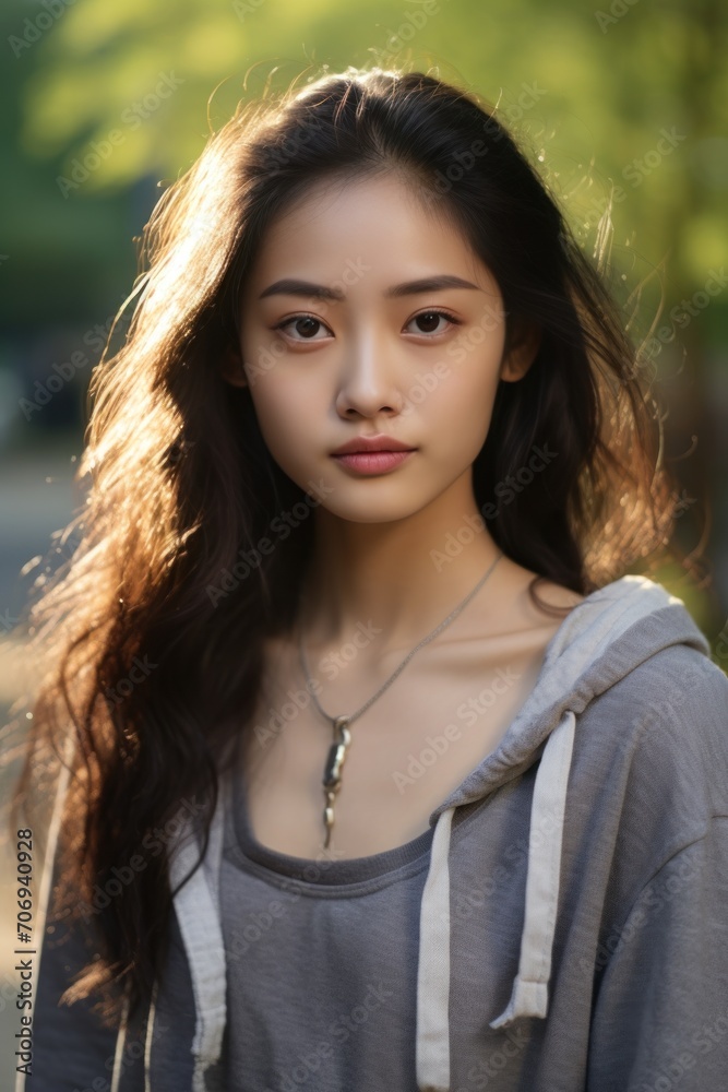 Naklejka premium Portrait of a beautiful teenage girl wearing casual clothes and posing for photos against the soft morning sunlight.