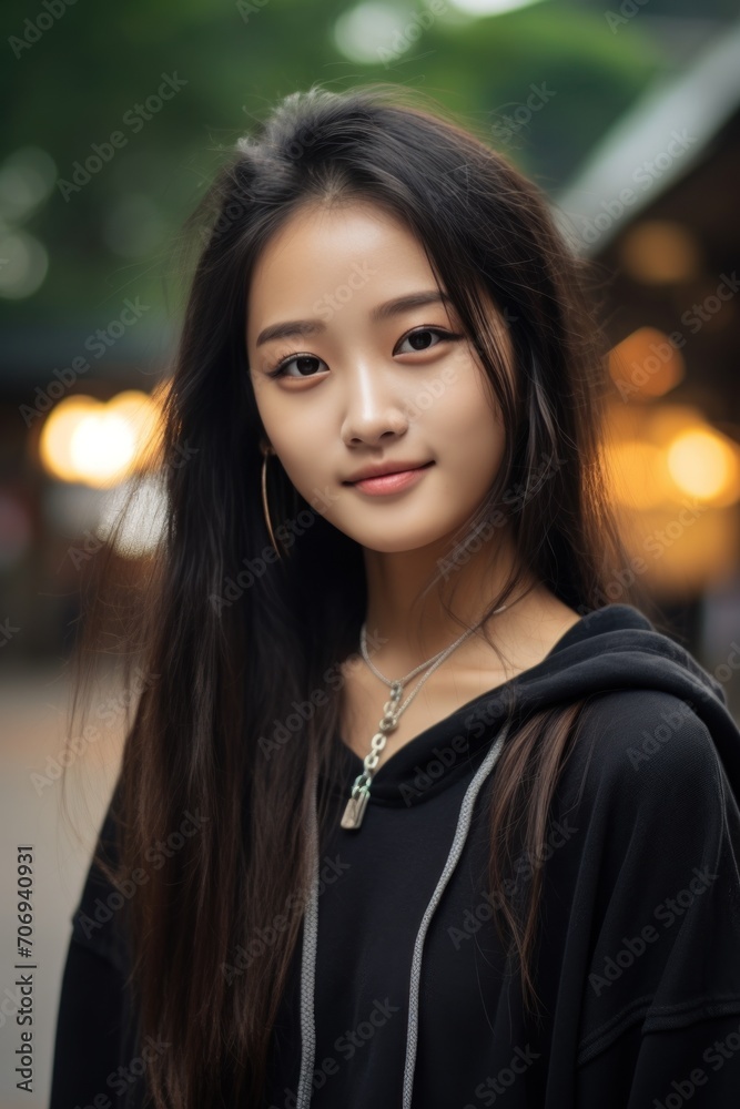 Obraz premium Portrait of a beautiful teenage girl wearing casual clothes and posing for photos against the soft morning sunlight.