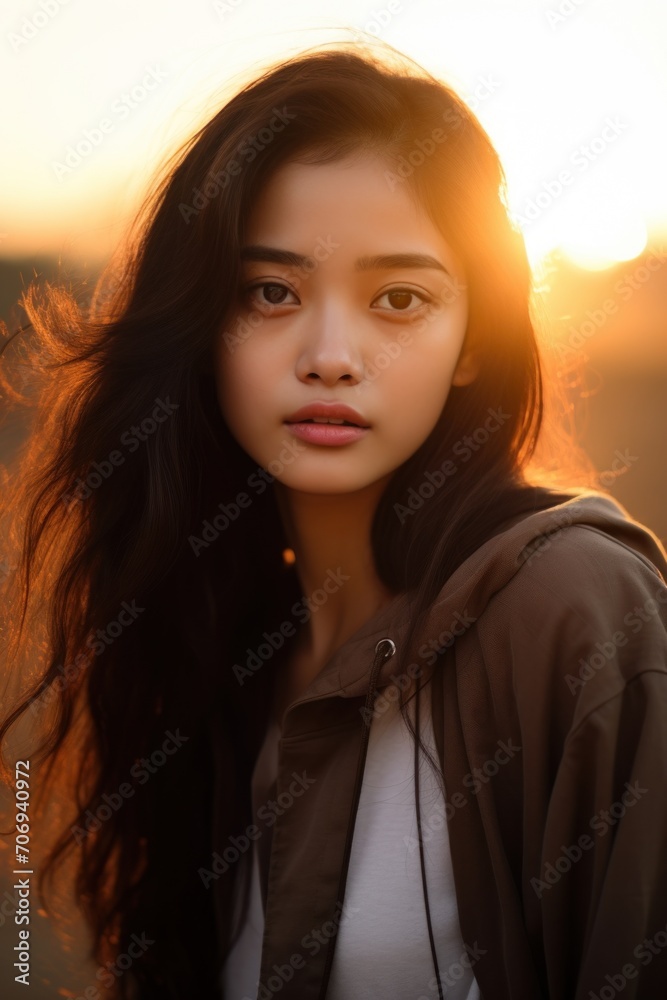 Portrait of a beautiful young Asian girl wearing casual clothes and posing for a photo in the soft evening sunlight before sunset.
