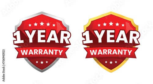 1 year warranty label or badge design, with a minimalist and shiny red shield icon. Vector Illustration isolated