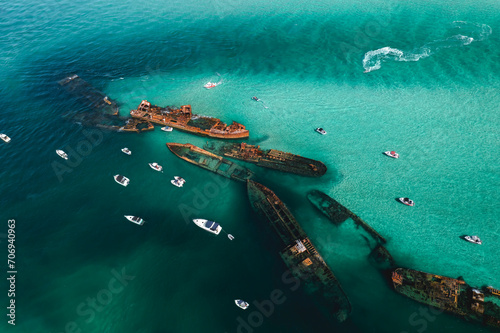 Aerial view of Tangalooma wrecks, Moreton Island photo