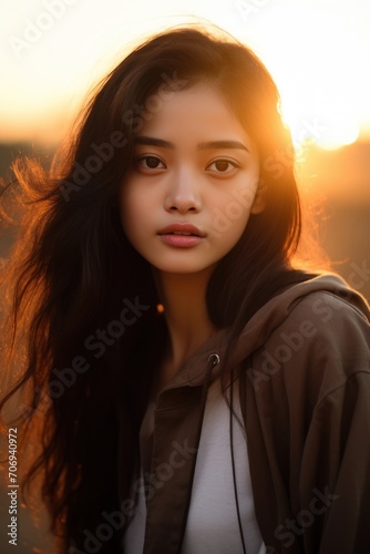 Portrait of a beautiful young Asian girl wearing casual clothes and posing for a photo in the soft evening sunlight before sunset.