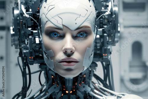 Cyborg woman, abstract science and technology backgrounds.
