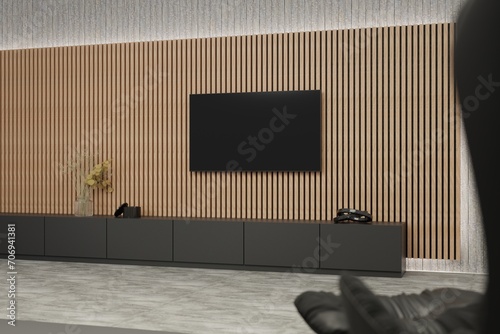 Flat screen TV on acoustic panel covered wall. Clean minimalist interior. Ambient lighting around acoustic panelling. Wide side shot. Template for TV creative With decorative elements.