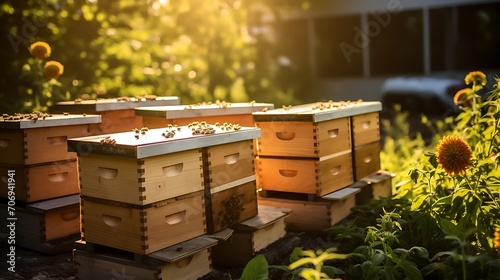 Honey bees swarming and flying around their beehive in the morning