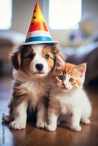 Happy cat and dog Wearing Party Hat for Festive Birthday Celebration with Copy Space. Vertical © chelmicky