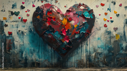 shredded colorful heart melting on a wall ilustrating the concept of heartbreak photo