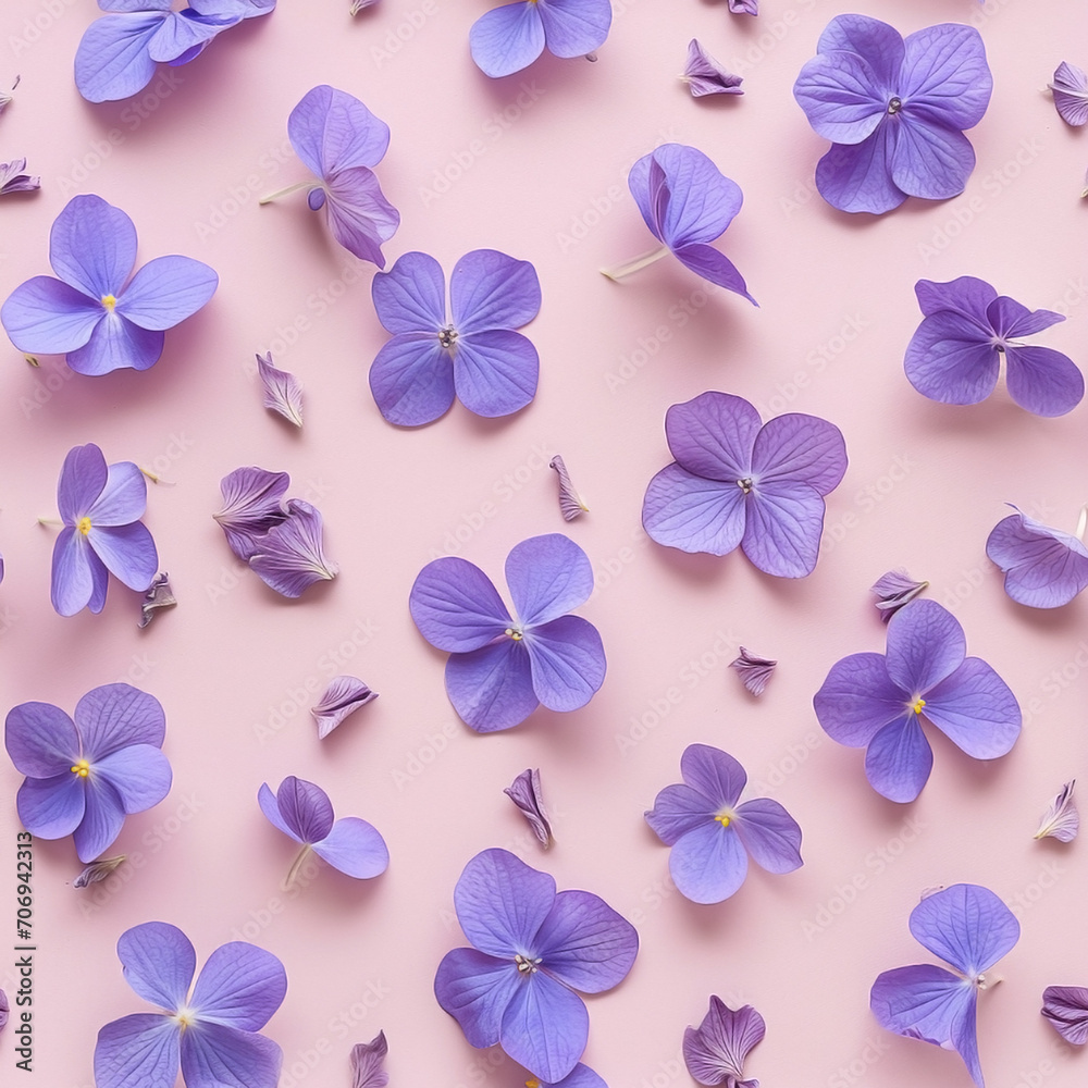 Subtle spring blossoms arranged in a lively and repetitive violet pattern for the background.