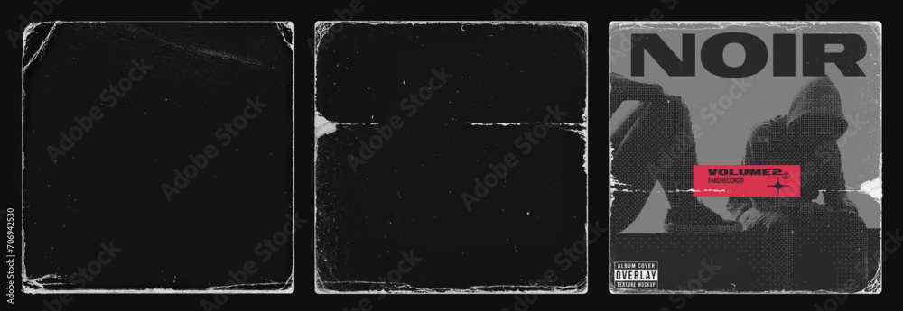 Realistic distressed edge paper texture overlay for album cover art vector mockup. Subtle worn edge aged look for album art
