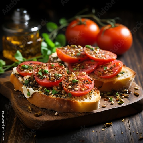 Fresh tasty Bruscetta on wooden background. Fresh Bruscetta.