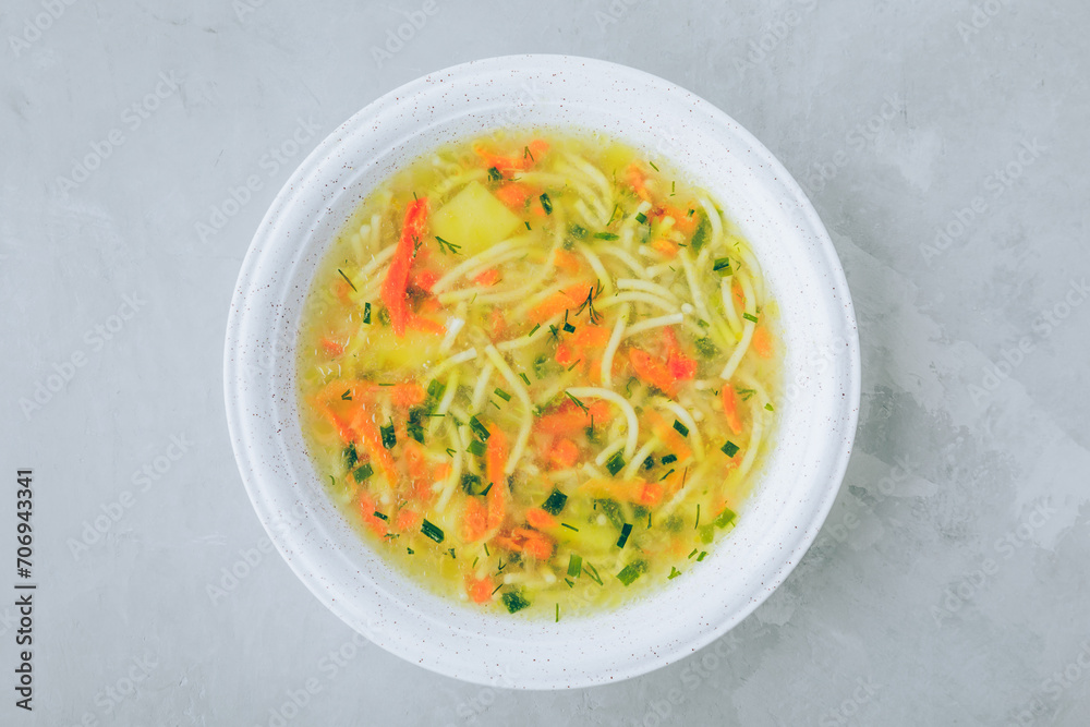 Chicken soup noodles. Chicken healthy soup bowl Chicken soup noodles. Chicken healthy soup bowl