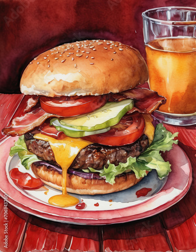 hamburger on a plate, watercolor drawing