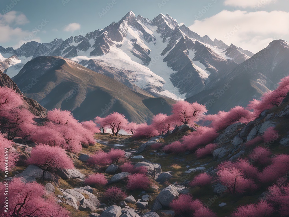 Obraz premium View of snow covered mountain range, clouds above peaks. Lust lavender foothills in foreground.