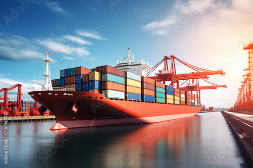Container ship carrying container boxes import export dock with quay crane. Business commercial trade global cargo freight shipping logistic and transportation worldwide oversea concept