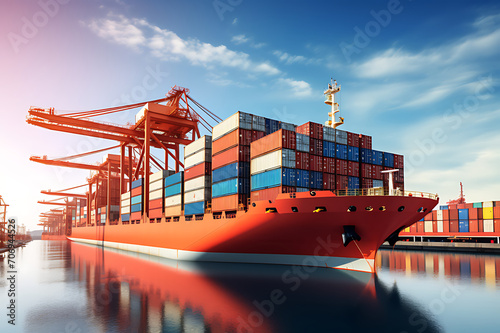 Container ship carrying container boxes import export dock with quay crane. Business commercial trade global cargo freight shipping logistic and transportation worldwide oversea concept photo