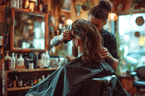 A dapper hairstylist trims the hair of a male customer. Generative Ai.