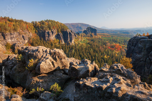 Autumn view of the rock gate in Bohemian Switzerland National Park  Czech