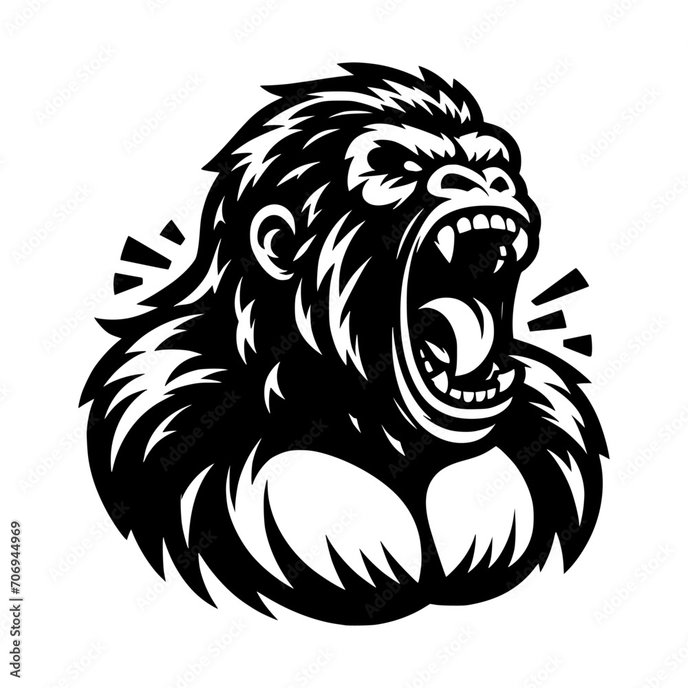 Fototapeta premium Vector logo of a raging gorilla. Professional logo of a mad kong. Black and white logo of an ape isolated on a white background.