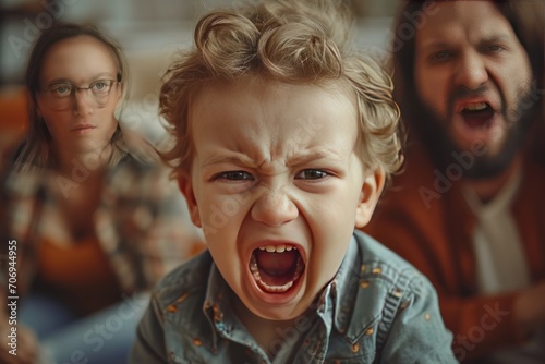 A scream-loving, angry child with helpless parents. Generative Ai. photo