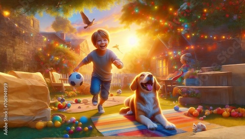 Kid Playing Football, Happy Dog, Kid's Storybook Design