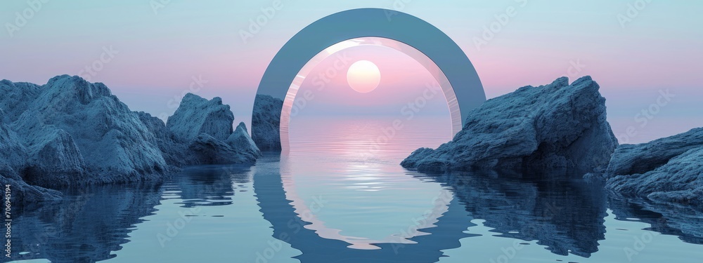 3d render,abstract zen seascape background.new world,calm water and pastel gradient sky.Futuristic minimalist wallpaper. - obrazy, fototapety, plakaty 