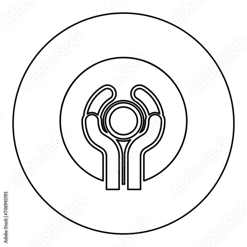 Pottery craft art workshop concept potter sculpts clay pot on potter's wheel use hand arm ceramist idea icon in circle round black color vector illustration image outline contour line thin style