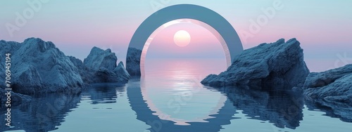 3d render,abstract zen seascape background.new world,calm water and pastel gradient sky.Futuristic minimalist wallpaper. photo
