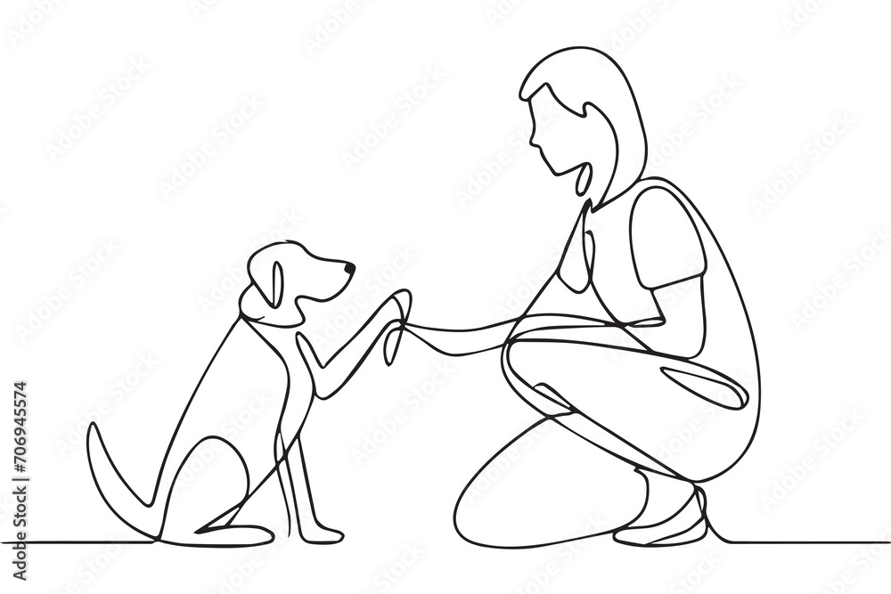  One line drawing continuous line A dog is giving a paw to Dog GIRL trainer and a dog that sit next to her minimal