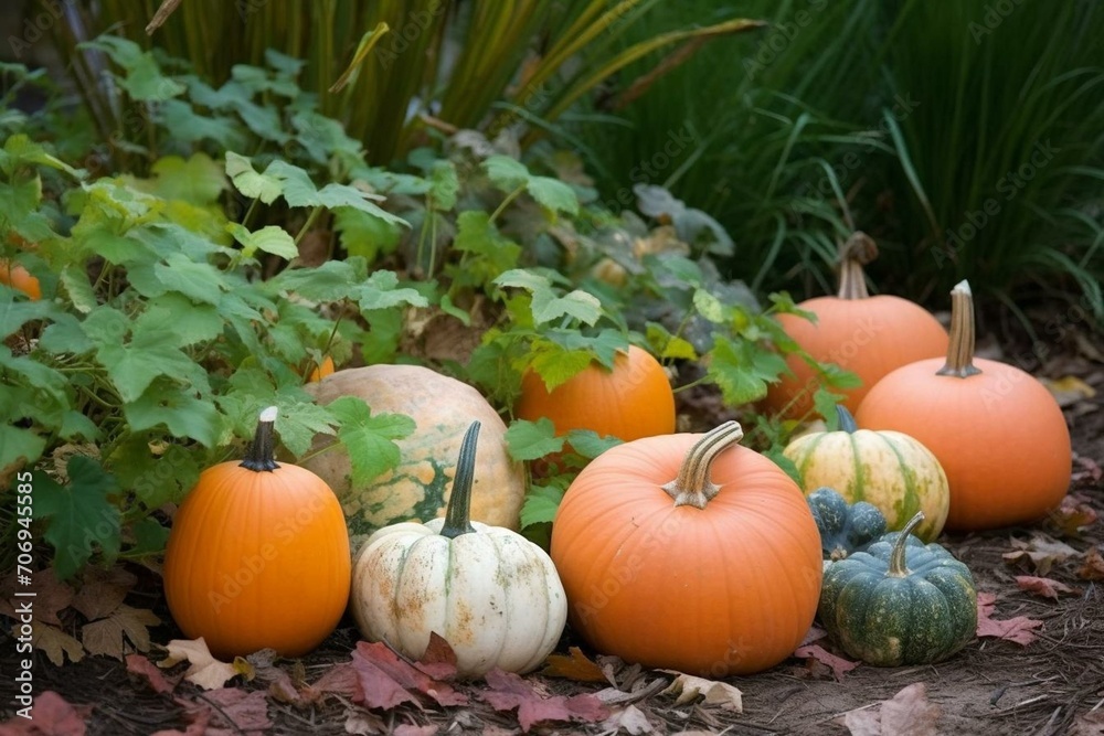 Assorted pumpkins amid fall foliage, representing Halloween decoration. Generative AI
