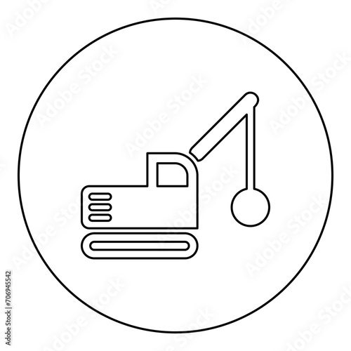 Sloopkraan building machine demolish wrecking ball crane truck icon in circle round black color vector illustration image outline contour line thin style