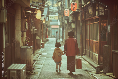 温泉街の母子。架空の日本の昭和イメージ。古い写真、Old photos of fictional Japan. A mother and her daughter walking in a hot spring town. Image scene from the drama.Generative AI