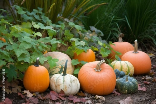 Assorted pumpkins amid fall foliage  representing Halloween decoration. Generative AI